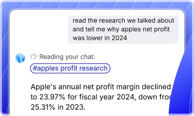 The Skynet copilot reading a chat and analysing a profit-margin research report.