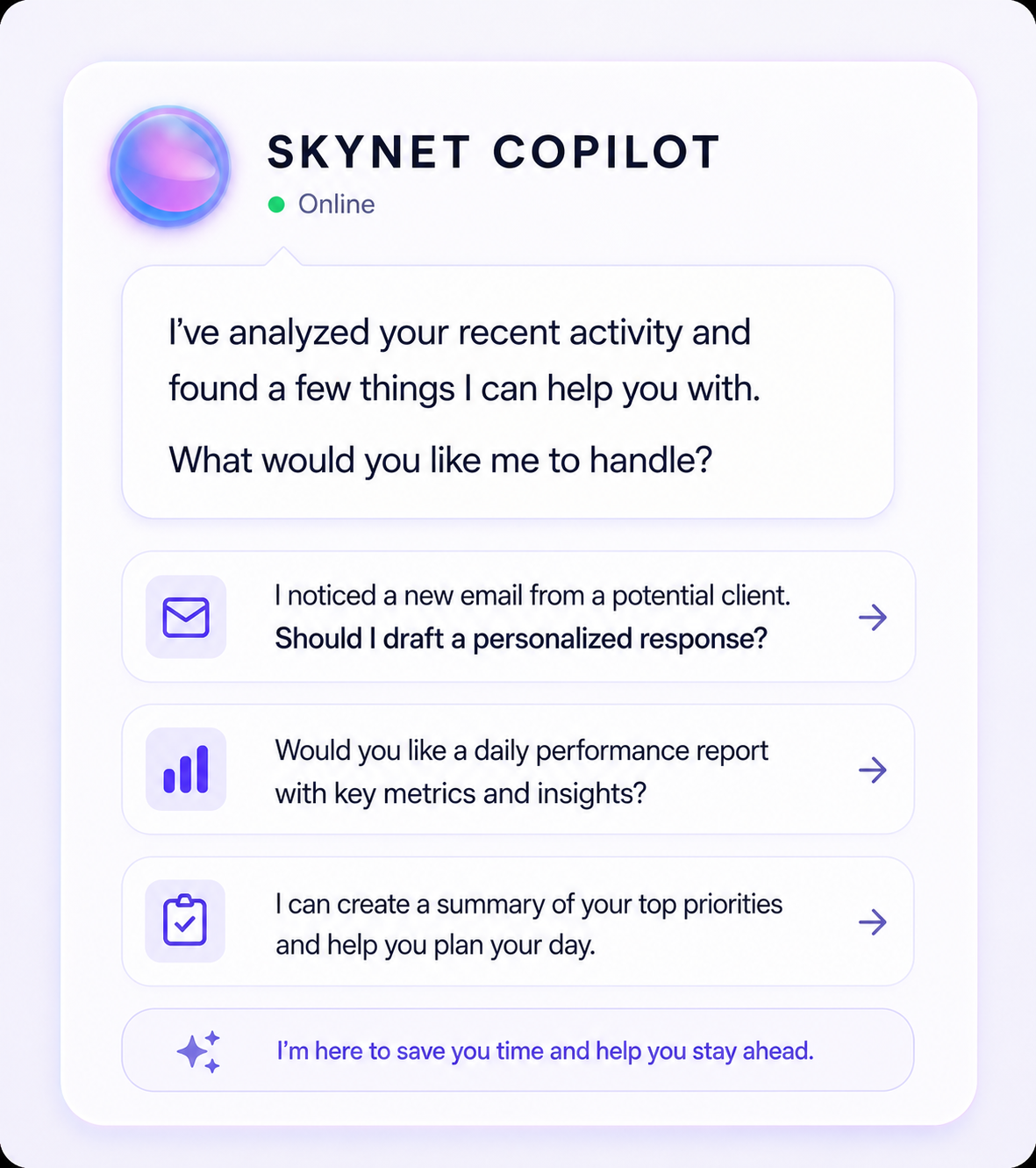 The Copilot panel (“here when you need me, never in your way”) sitting beside the main Skynet chat and answering in-line.