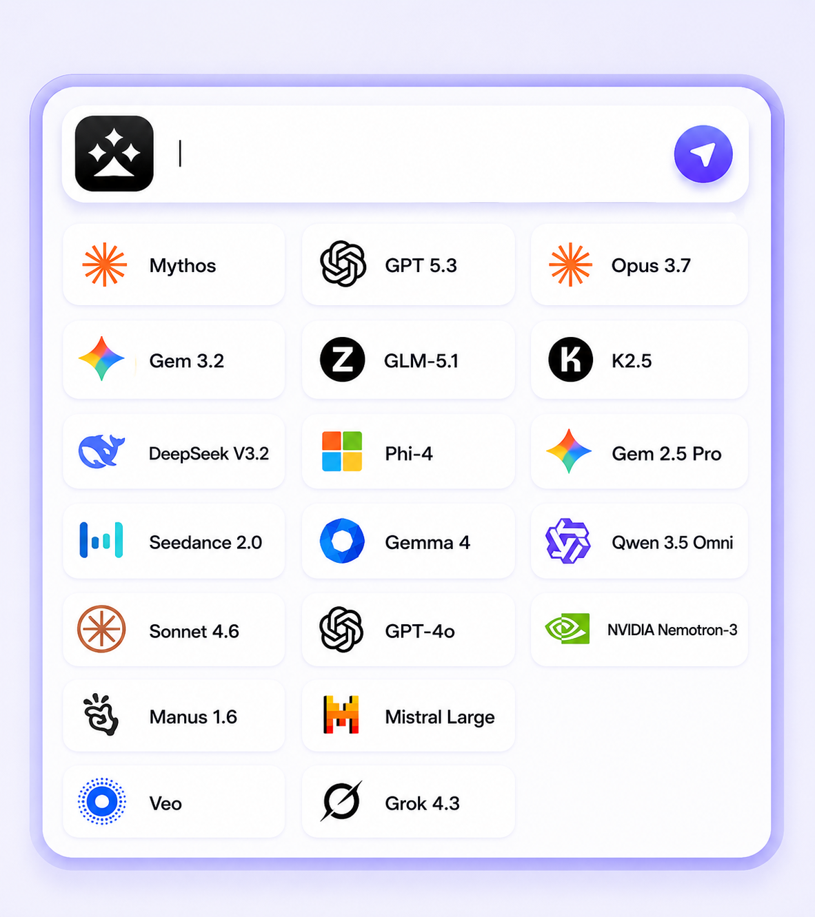 The model picker listing every current model: Mythos, GPT 5.3, Opus 3.7, Gemini, DeepSeek and more.