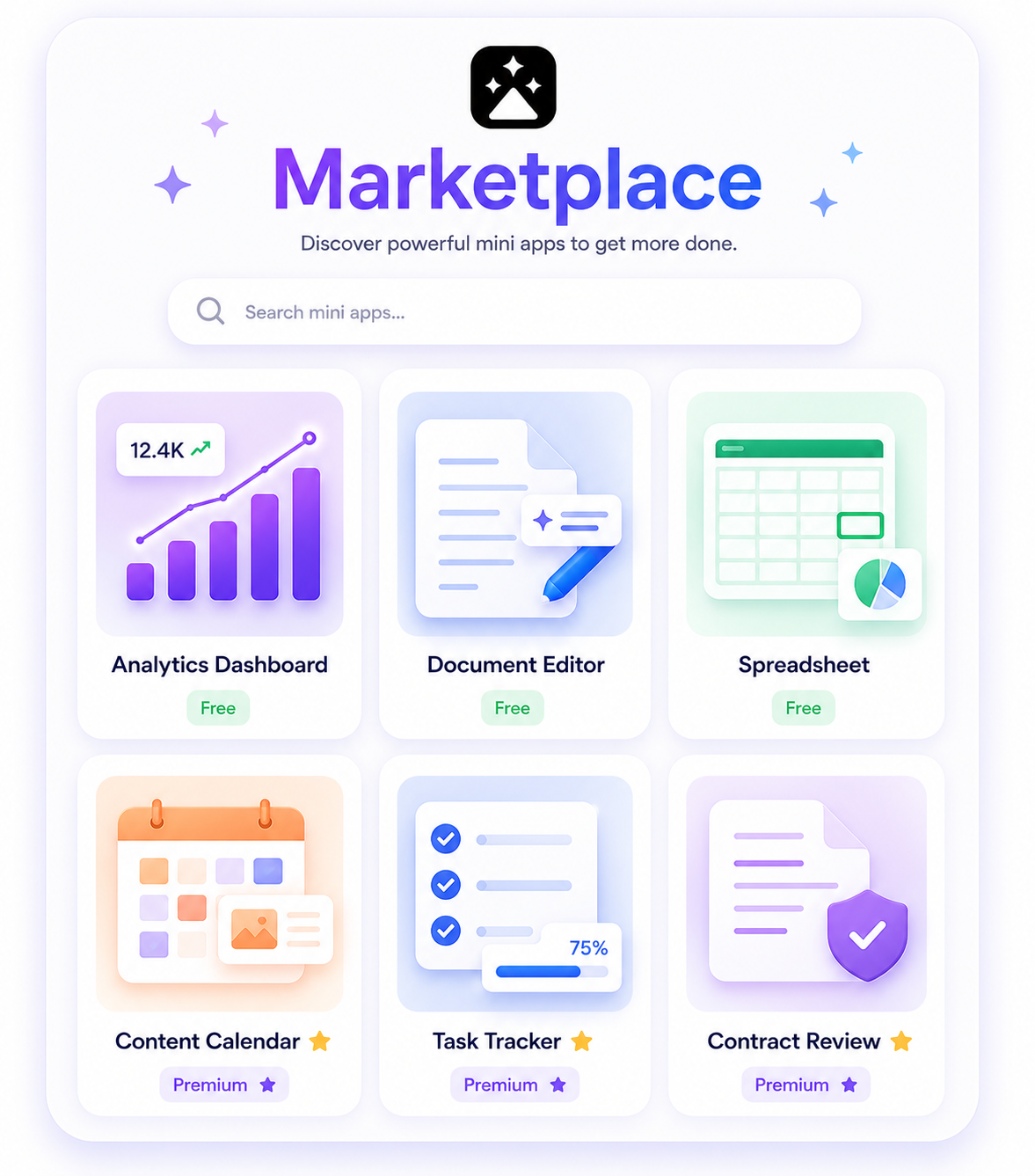 The mini-apps marketplace: a searchable grid of free and premium community-built apps like Analytics Dashboard, Document Editor and Task Tracker.