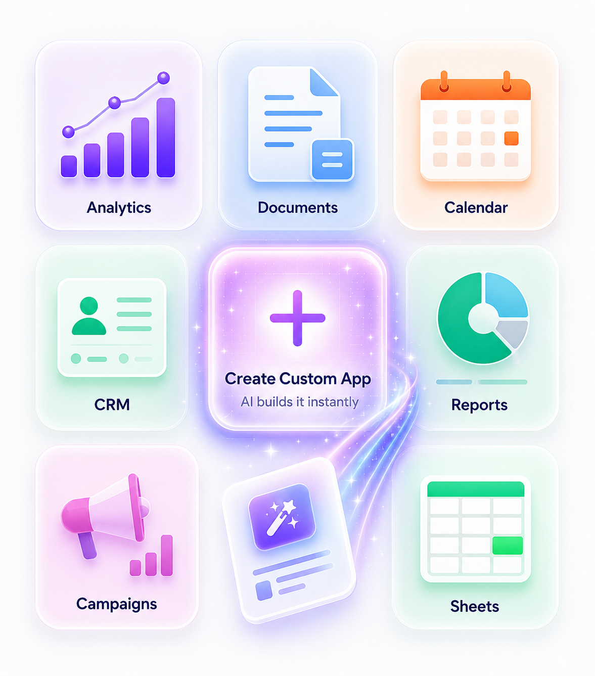 A grid of ready-made mini apps (analytics, documents, calendar, CRM, reports, campaigns, sheets) around a “Create Custom App, AI builds it instantly” tile.