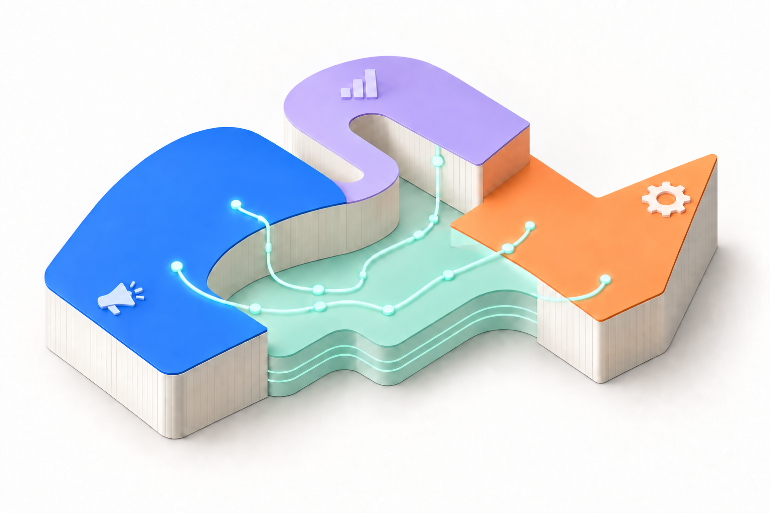 Departments, agents and shared company memory: blue, purple and orange department platforms hold five agent cards connected by mint paths to a central memory stack.